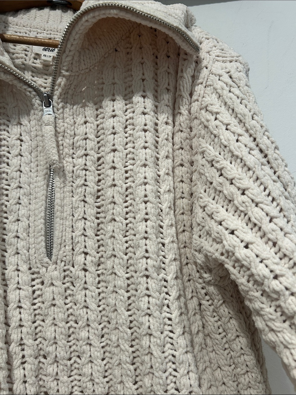 aerie Cream Knit Half-Zip V-Neck Sweater women’s oversize XS pullover beach top - Picture 7 of 8
